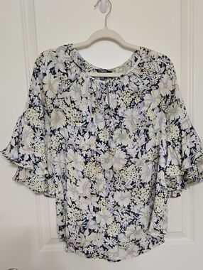 Chaps Navy Floral Ruffle Sleeve Blouse
